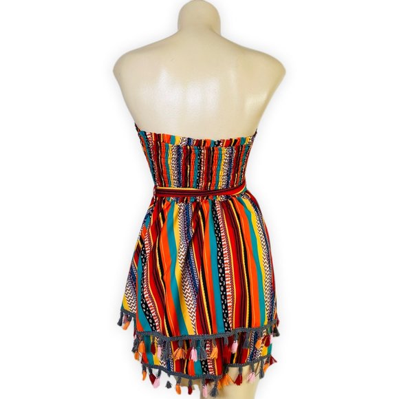 Geo Print Tassel Trim Belted Tube Romper - Picture 7 of 10